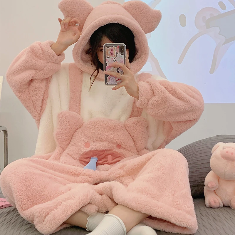 Kigurumis Schwein Nachtwäsche Winter Frauen Männer Pyjama Stram pler verdicken Pijama Mujer Kleidung Nacht trägt Kapuze Homewear Pyjama Pour