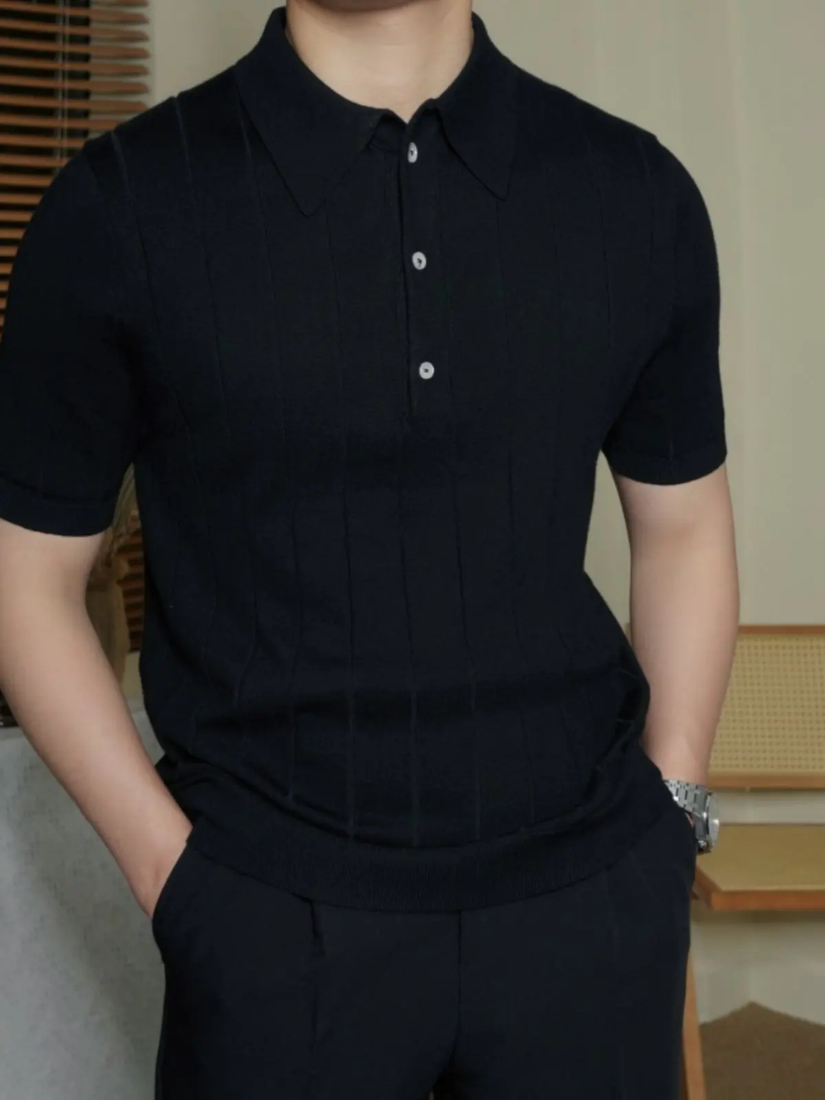 Big Neck Slim Fit Black Striped Short Sleeve Polo Shirt Knitted Sweater British Casual Grey Lapel T-Shirt