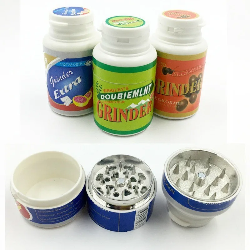 45mm Herb Herbal Grinder Gum Bottle Plastic 3 Layer Metal Spice Pollen Crusher Tobacco Smoking Grinder