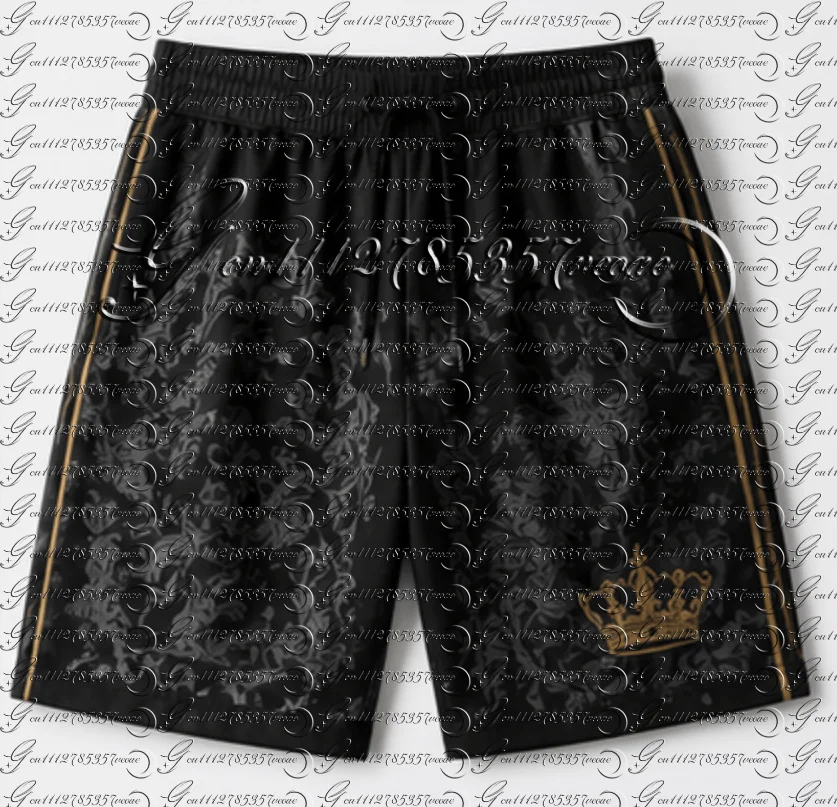 Vintage Royal Lion Crown Print Men Shorts Black Gold Side Stripe Elastic Drawstring Casual Sport Short Pants FamilyMatching