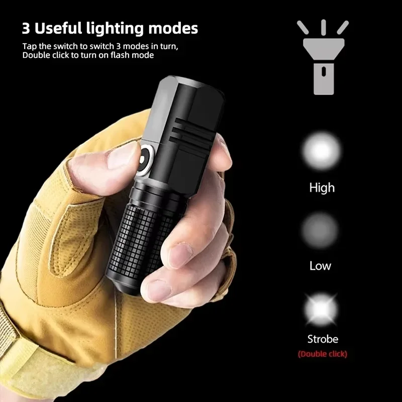 Mini linterna LED superbrillante recargable por USB, linterna táctica con Zoom, 3 modos de iluminación, antorcha de pesca para acampar al aire libre