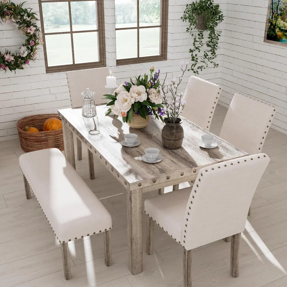 

Dining Table Set for 6, 6 Piece Farmhouse Dining Set, Country Style Kitchen Table, 4 Upholstered Chairs & Bench