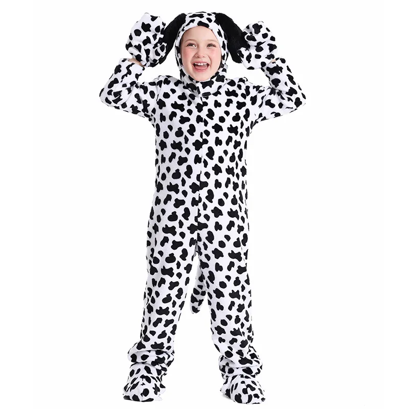 

Kids Dalmatian Dog Onesie Costume for Halloween Party, Animal Soft Plush One Piece Outfit Set with Gloves for Boys Girls