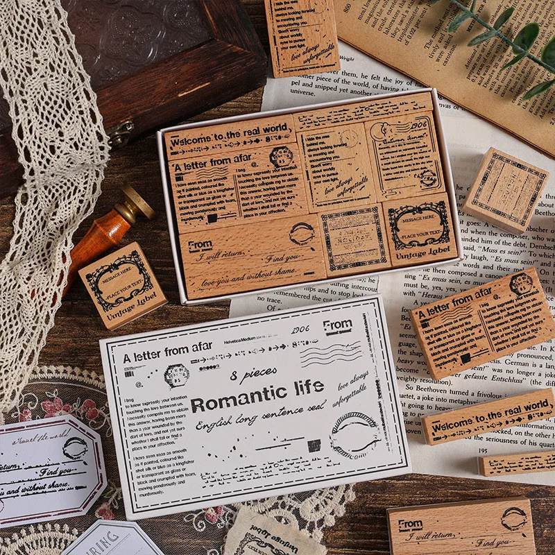 Винтажные штампы в британском стиле, набор из 8 простых деревянных штампов для украшений ручной работы и почтовых потребностей