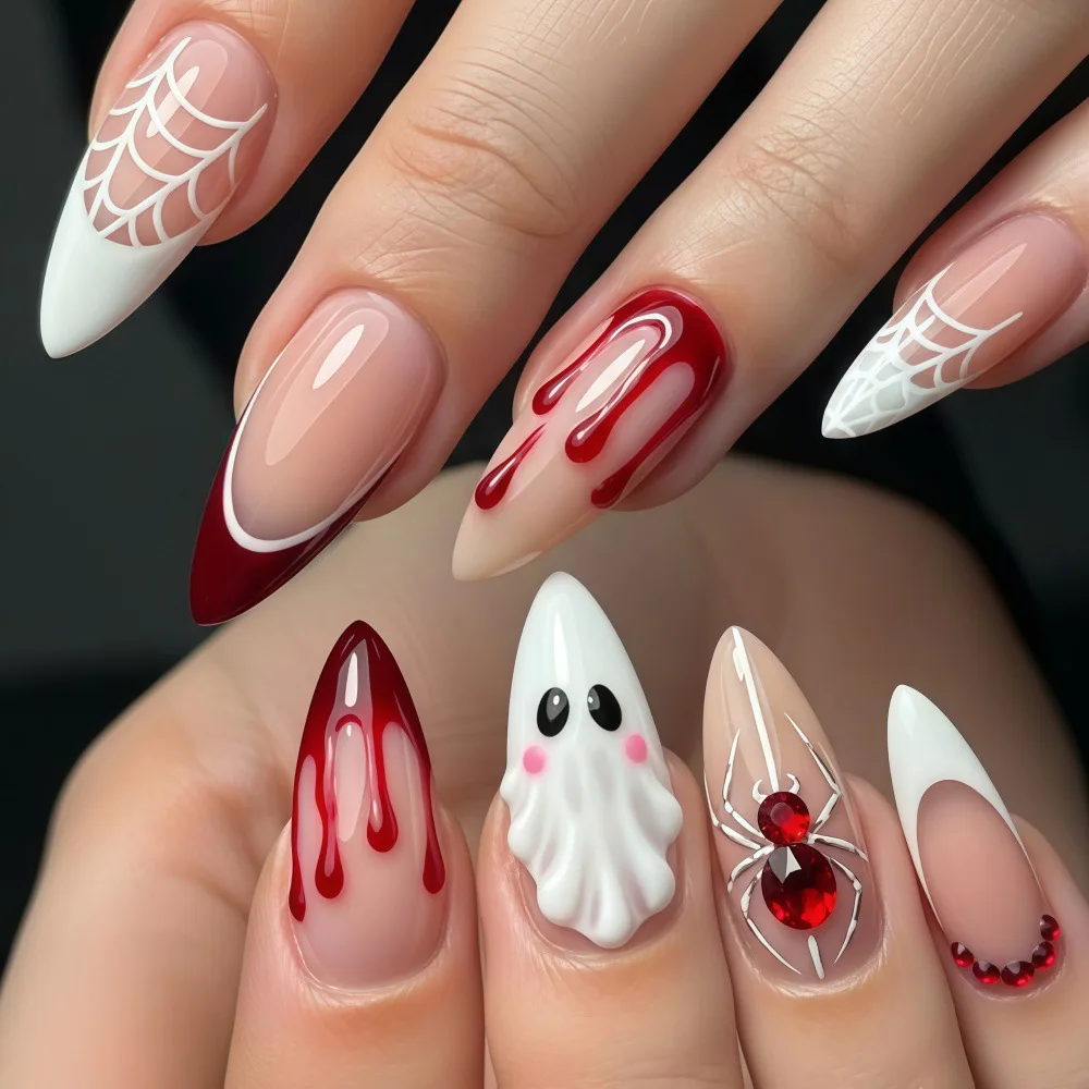 24 Stück Halloween 3D Blutstropfen-Geist Aufklebenägel Süße & Coole Spinnennetz French False Nails Kurze Mandel-Kunstnägel für Frauen