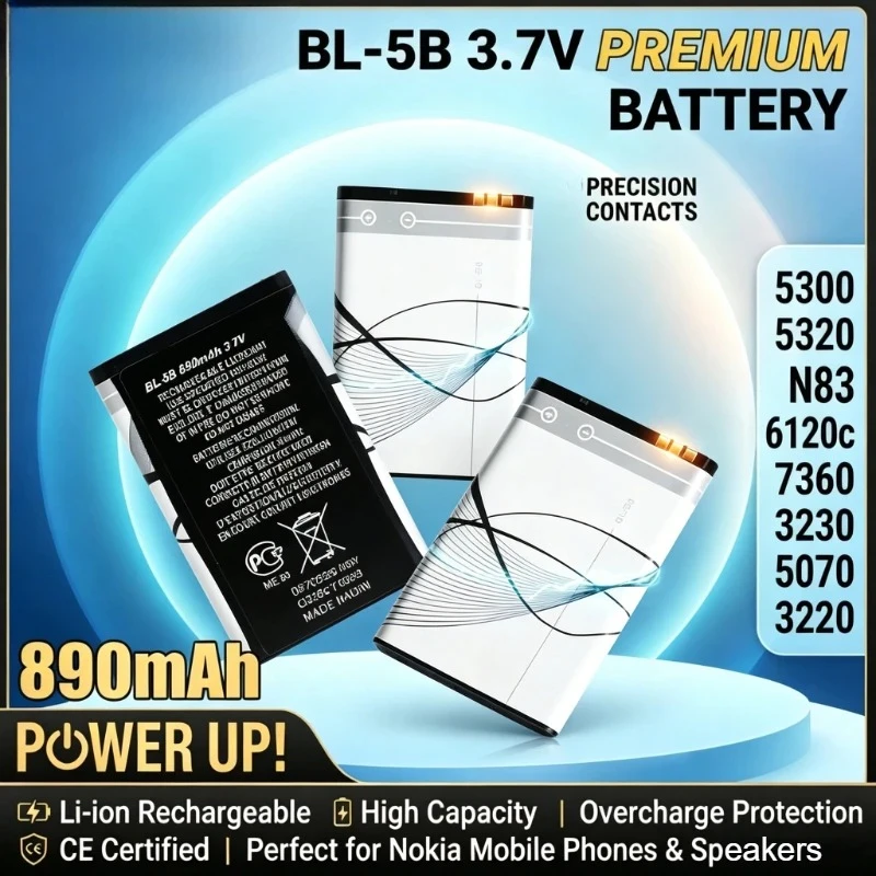 BL-5B 890mAh Rechargeable Lithium Battery Compatible Nokia 5300 5320 N83 6120c 7360 3230 5070 3220 Phone Plug-in Speaker