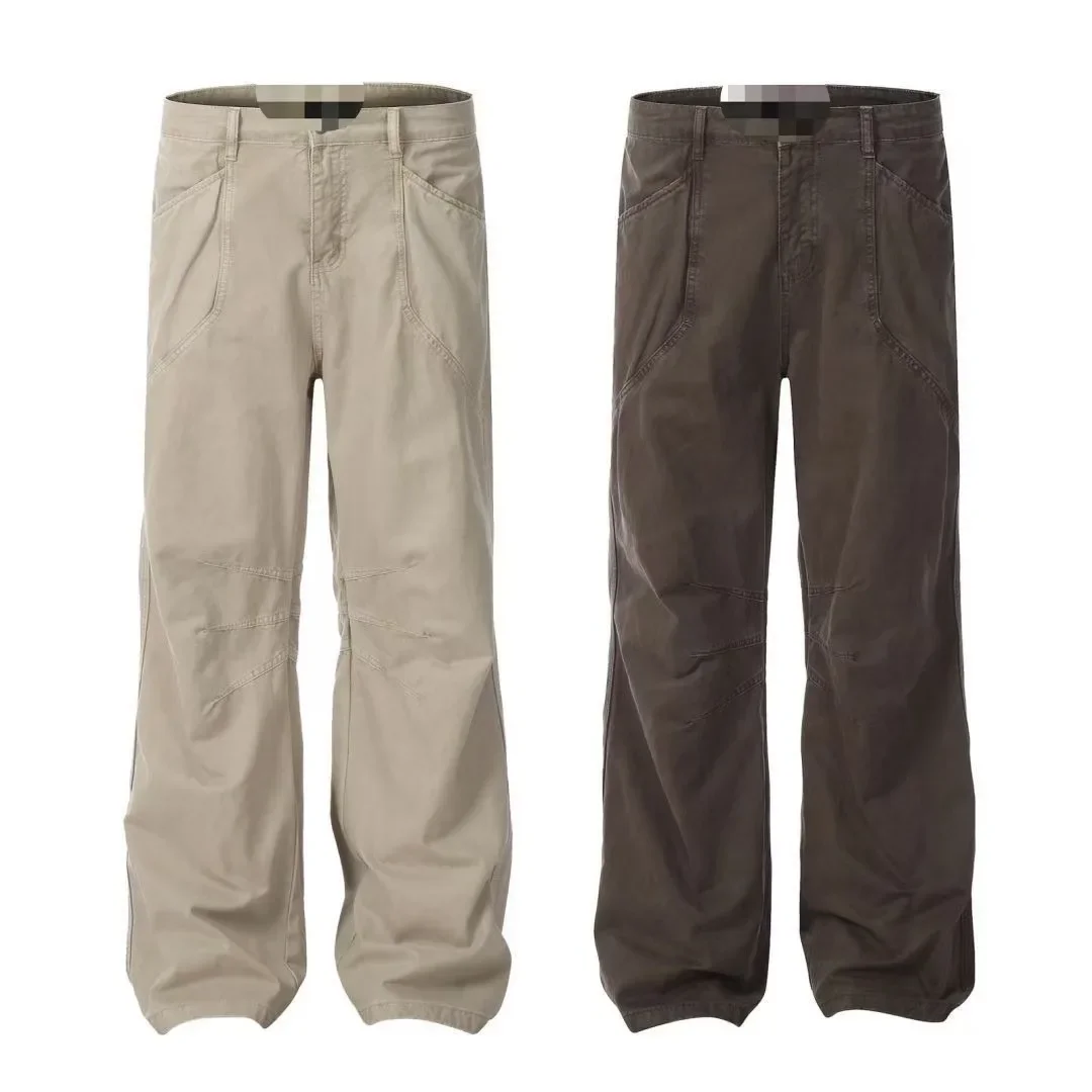 Four seasons Men's Loose Simple Basic Casual Trendy Wide Leg Straight Washed Cargo Trousers Male Bottom Clothes Spliced Pants