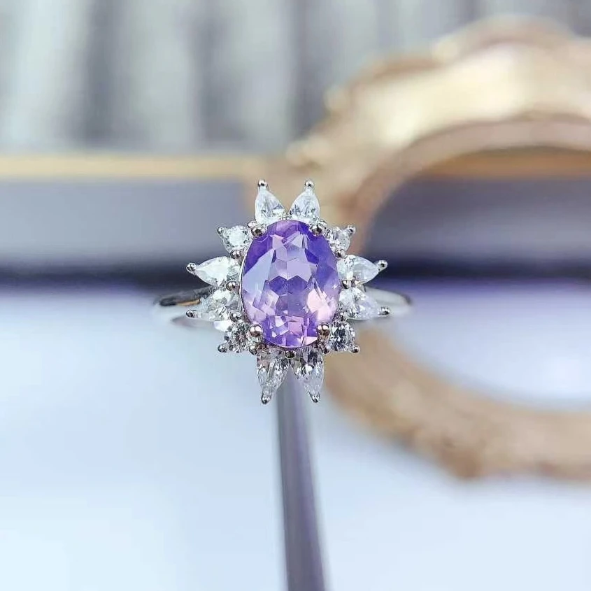 

Светло-фиолетовое кольцо с аметистом, серебряное кольцо с кристаллами 925 пробы и позолотой 18 карат, 6 мм * 8 мм, ювелирные изделия из натурального аметиста класса VVS