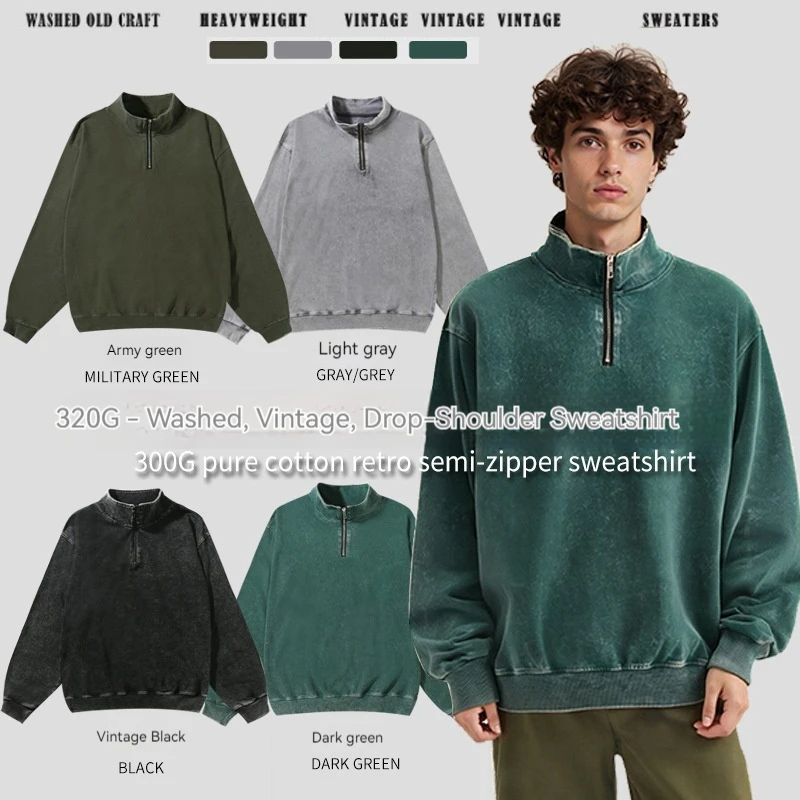 320G Vintage Washed Half Zip Stand Collar Sweatshirt Men American Retro Oversized Cotton Couple Streetwear Pullover Custom Logo