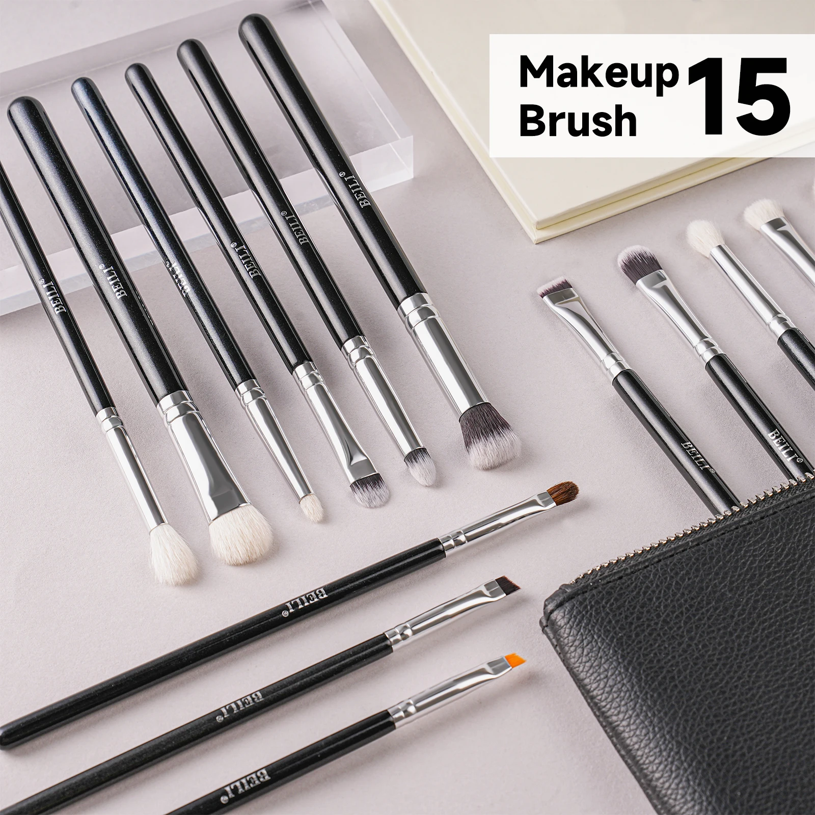 BEILI Black Makeup Brushes 15Pcs Goat Hair eyebrow Eyeshadow Eyeliner Blending brush set With Bag High Quality Professional