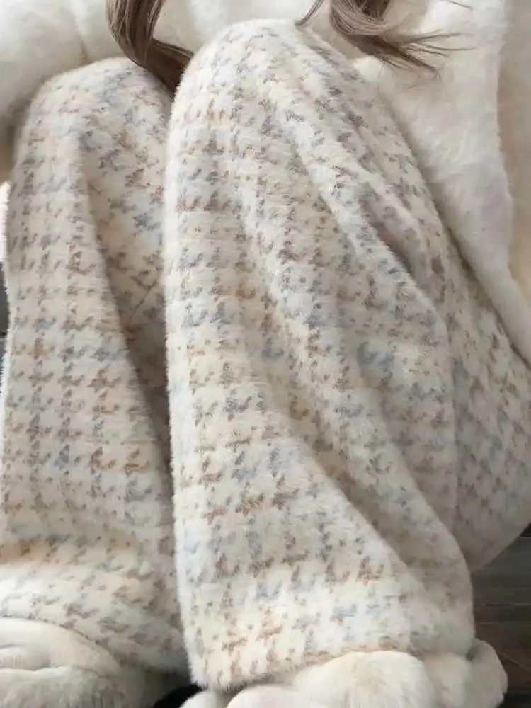 

MiiiiX Soft Imitation Mink Velvet Houndstooth Wide Leg Pants High Waist Drawstring Straight Long Trousers Autumn Women's Clothes