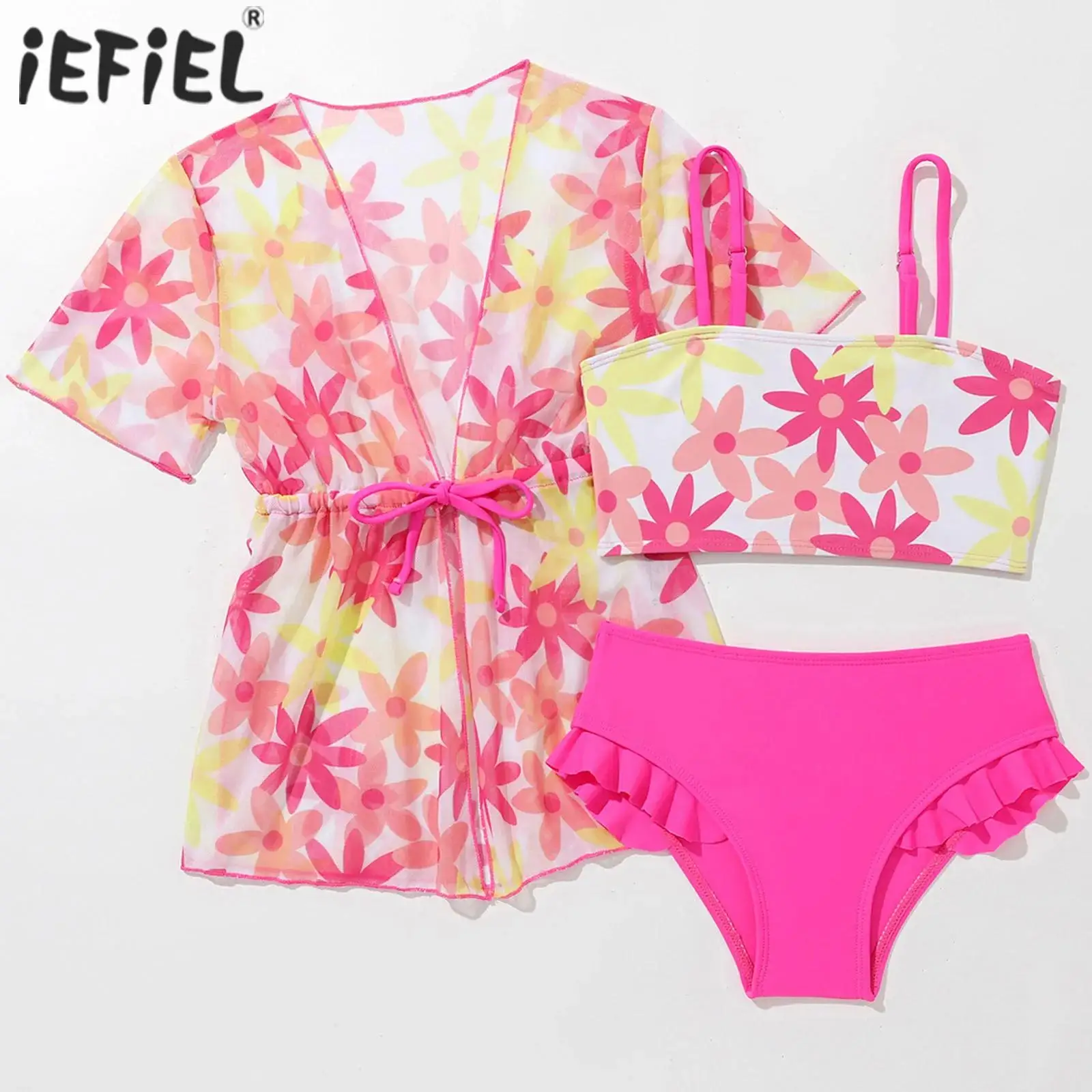 

Kids Girls 3 Piece Bathing Suit Swimsuit Short Sleeve Waist Drawstring Outwear and Adjustable Straps Top with Ruffled Briefs