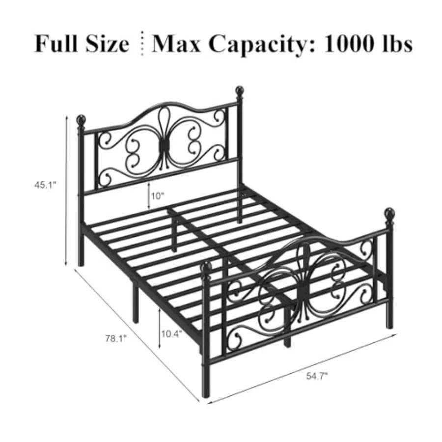 Bed Frame with Butterfly Pattern Design Headboard for Bedroom, Solid Wood, White, Elegant Vintage Style Sturdy Construction