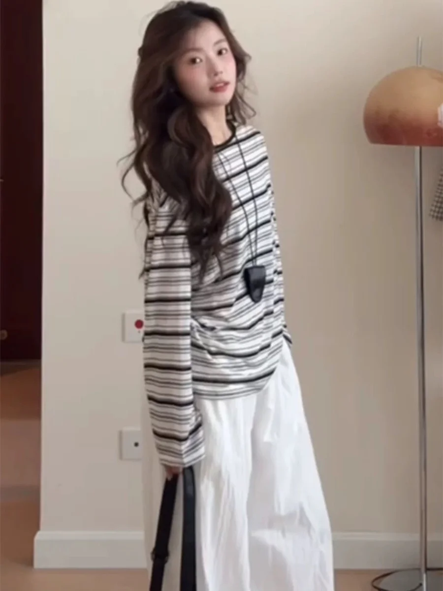 Slimming Striped Color Blo Long Sve Women's T-irt Spring Autumn Loose Lazy Sle Base irt Top Small Size Korean Faion