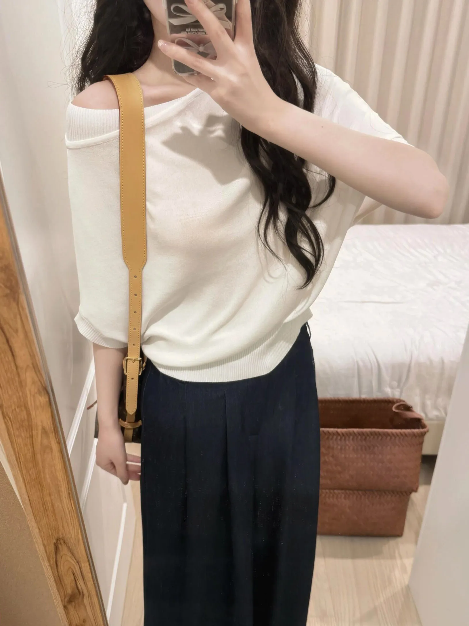 

White Asymmetrical Shoulder Batwing Sleeve Ice Silk T-Shirt Women's Summer Lazy Thin Knitted Shirt Minimalist Versatile Top