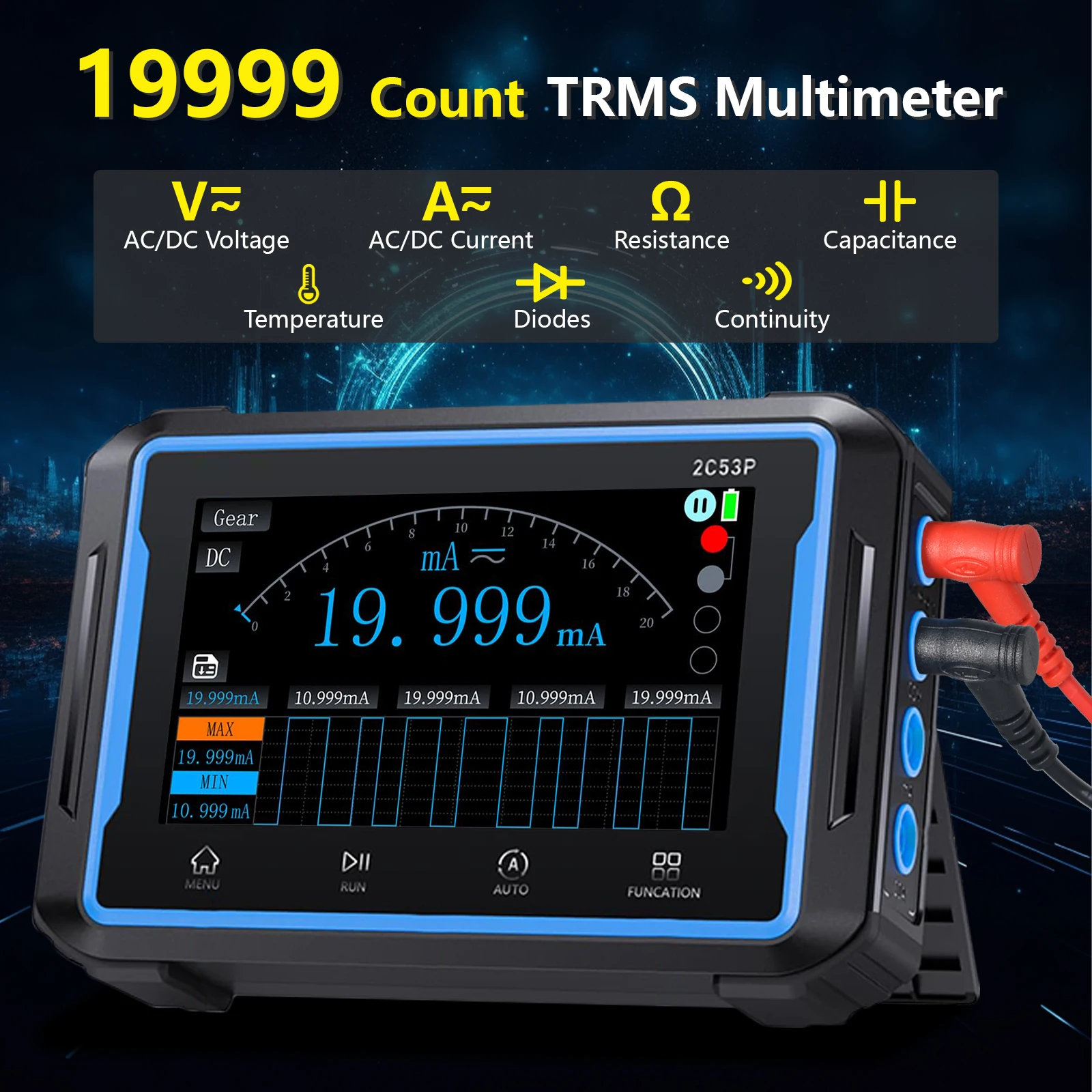 FNIRSI 2C53P 3-in-1 50MHz Oscilloscope Multimeter DDS Signal Generator 2 Channel Oscilloscope, 250MS/s Sampling, 19999 Counts