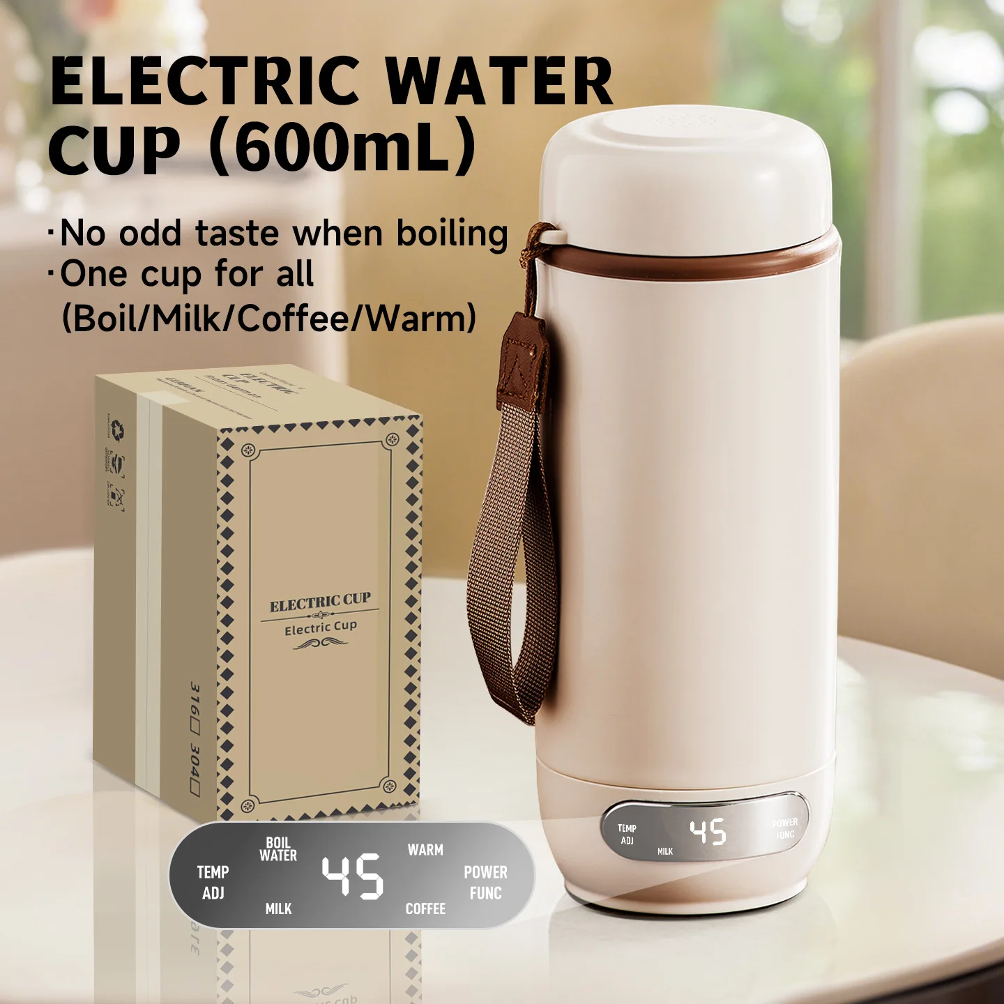 600ml電気ケトルカップ-ポータブルウォーターケトル-インテリジェント温度表示-全自動多機能電気ケトル