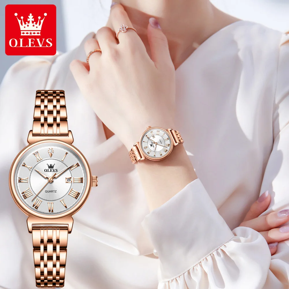 OLEVS Luxury Brand Quartz Clock for Women Classic Roman Scale Solid Stainless steel Waterproof Date Wristwatch Women Girl Watch