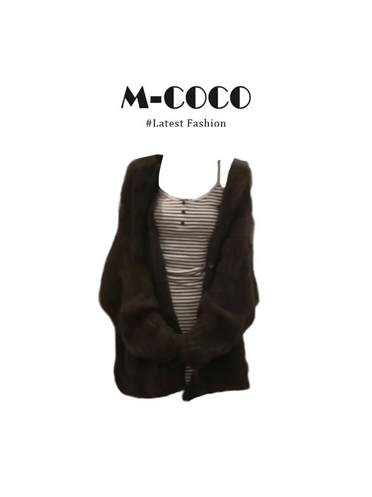 Marie Early Feeling Knitted Cardigan And Stripe Dress Set Lazy Style Women's Fashion Summer Outfit Two-Piece Suit Casual Wear