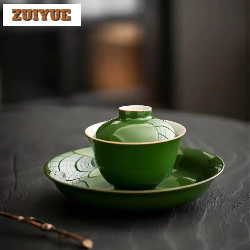 

110ml Chinese Emerald Green Gaiwan Creative Tea Tureen Storage Water Holder Tray Maker Cover Bowl Set Collection Craft