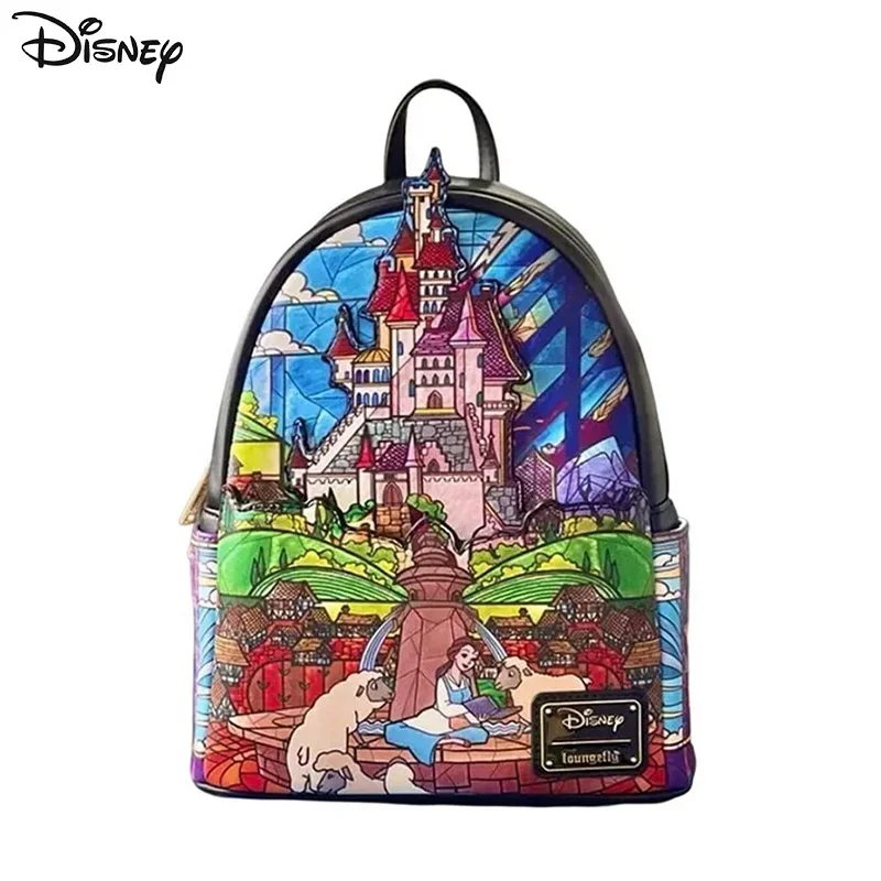 Original Loungefly Disney Backpacks Princess Castle Series Belle Womens Double Strap Shoulder Bags PU Leather Women Backpack