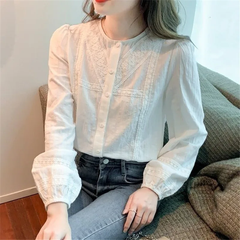 Vintage Simple Chic Sweet Lace Embroidery White Cotton Tops Blouses Spring Autumn Casual Long Sleeve Button Up Shirts for Women