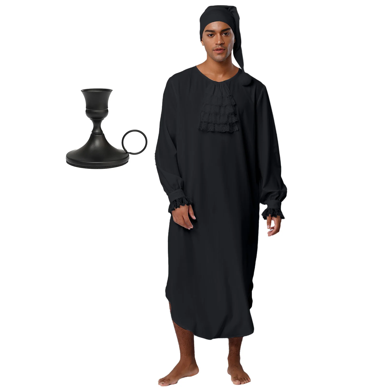 Mens Medieval Victorian Nightgown Long Sleeve Lace Trim Ruffles Collar Night Dress with Hat Candle Holder for Halloween Cosplay - view 2