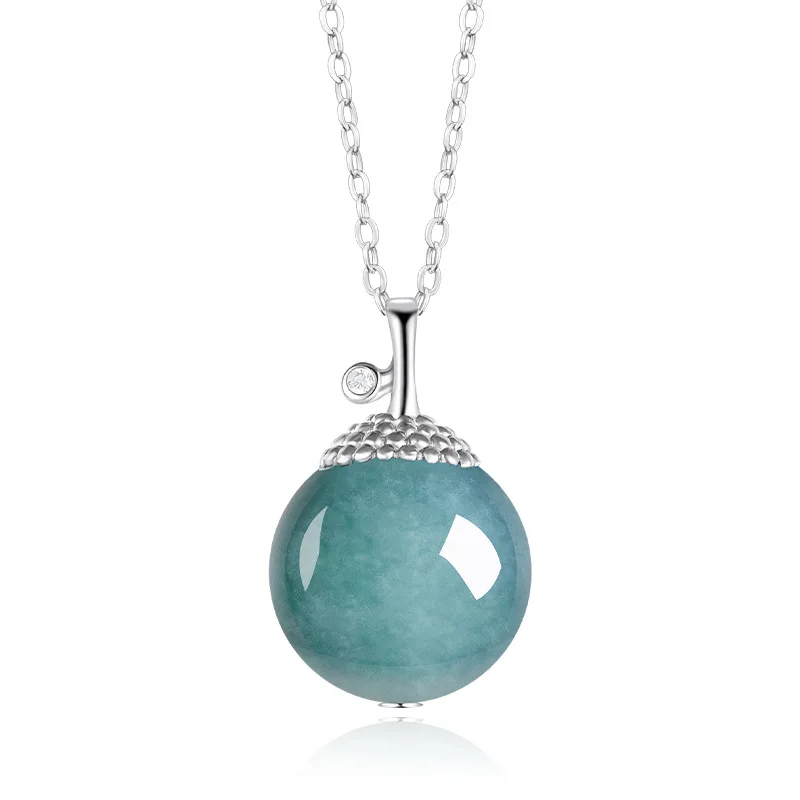 

Natural A-grade Jade Blue Water Round Bead Pendant Glutinous Jadeite S925 Silver Inlaid Fashionable Simple Women's Jewelry