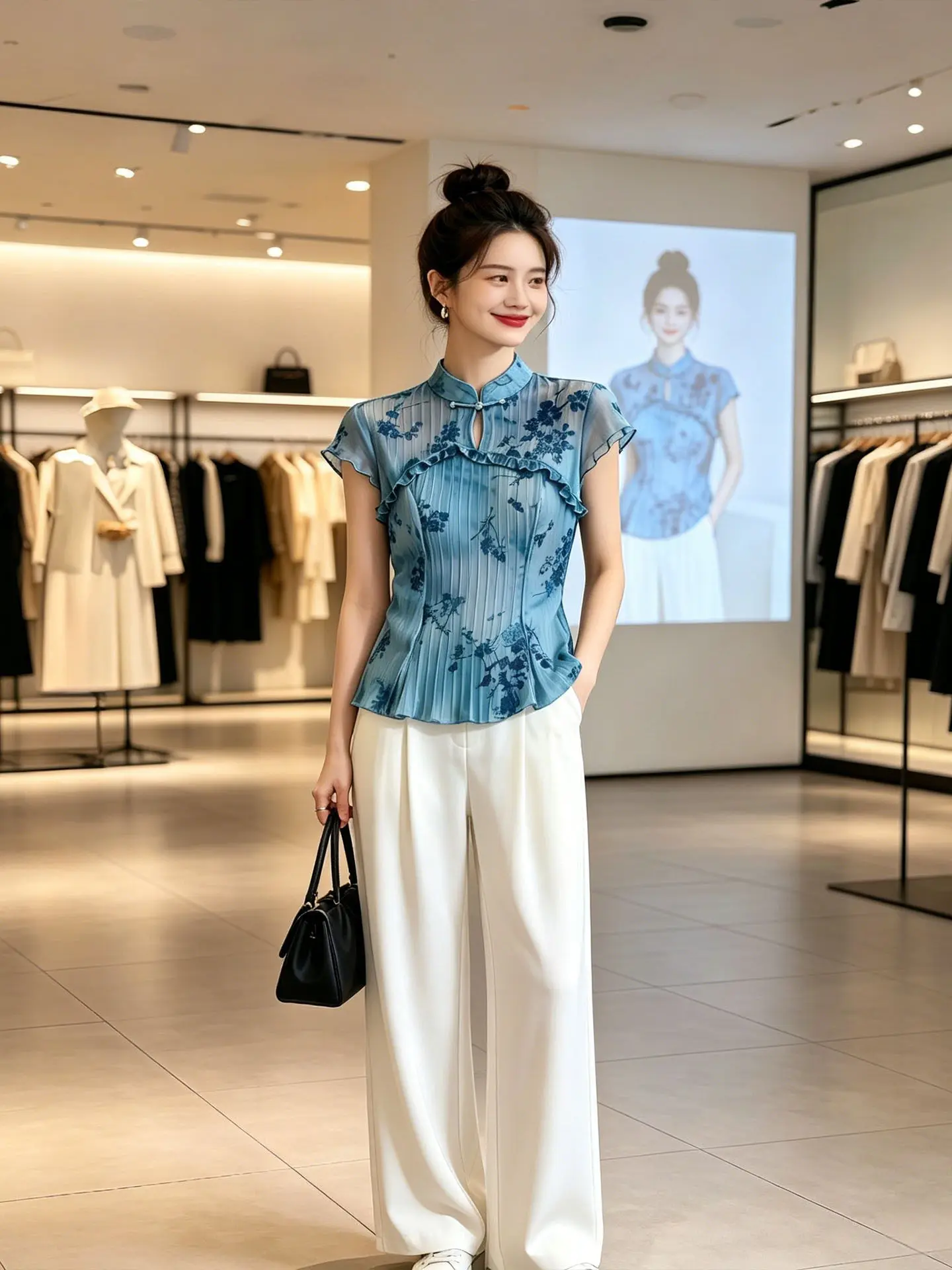 

Fashionable Mid-Neck Short-Sleeve Loose Women's Shirt 2026 Summer Style Breathable Slimming Daily Wear Korean Commute Style