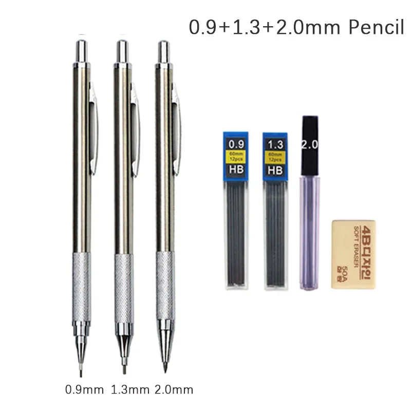 0,3 0,5 0,7 0,9 1,3 2,0 mm Druckbleistift-Set, Vollmetall, Kunst, Zeichnung, Malerei, automatischer Bleistift mit Minen, Büro, Schulbedarf
