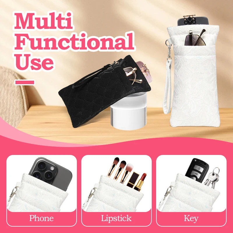 

Double Glasses Pouch Soft Eyeglass Case for Women Men Squeeze Top Sunglasses Case with Cleaning Cloth Cute Keychain Phone Bag