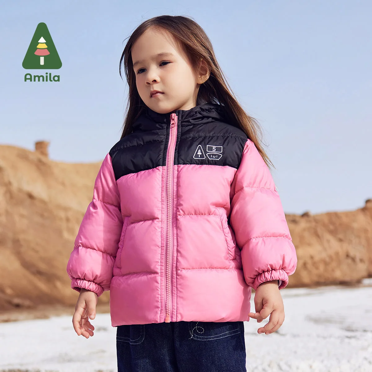 

Amila Baby Children Down Jacket 2024 Winter New Multicolour Hooded Fleecing Soft Color Blocking Warm Baby Clothing