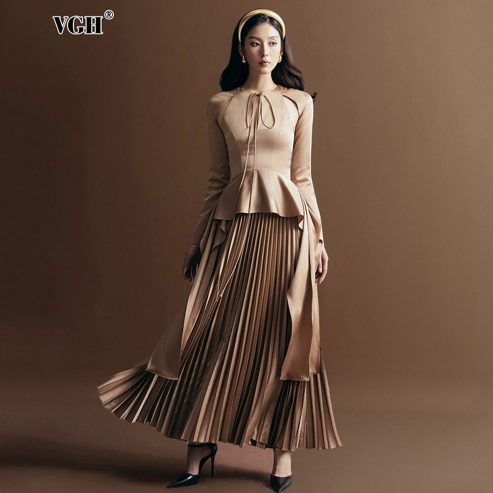 VGH Elegant Spliced Lace Up Pleated Dresses For Women Round Neck Long Sleeve High Waist Temperament A Line Dress Female Style