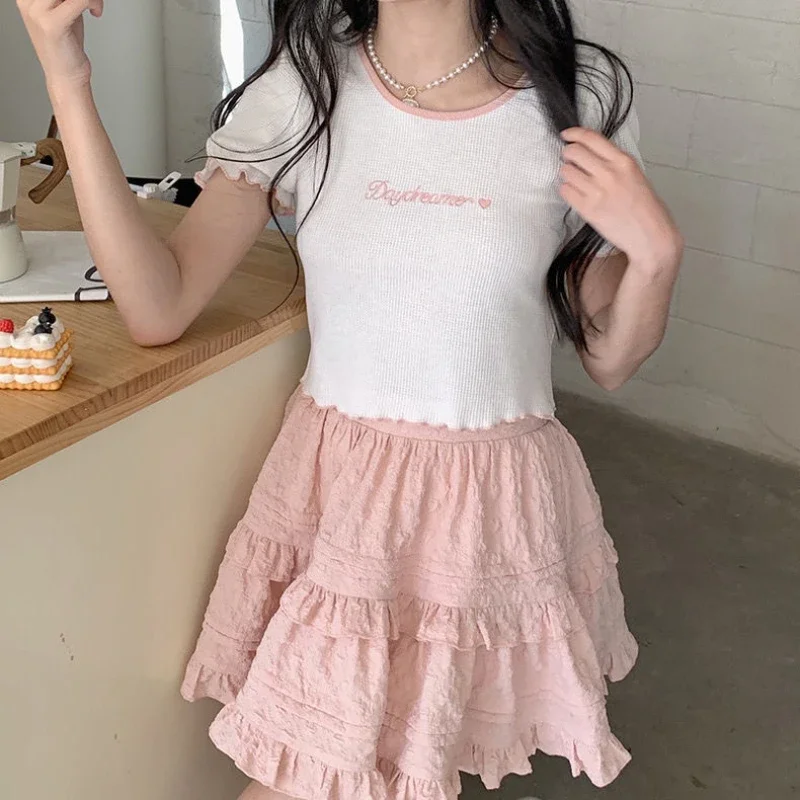 Kawaii Japanese Style Women Mini Skirt Ruffle Layered Lolita Pink Cutecore Sweet Short Skirts Lace Elegant A-line Skirt