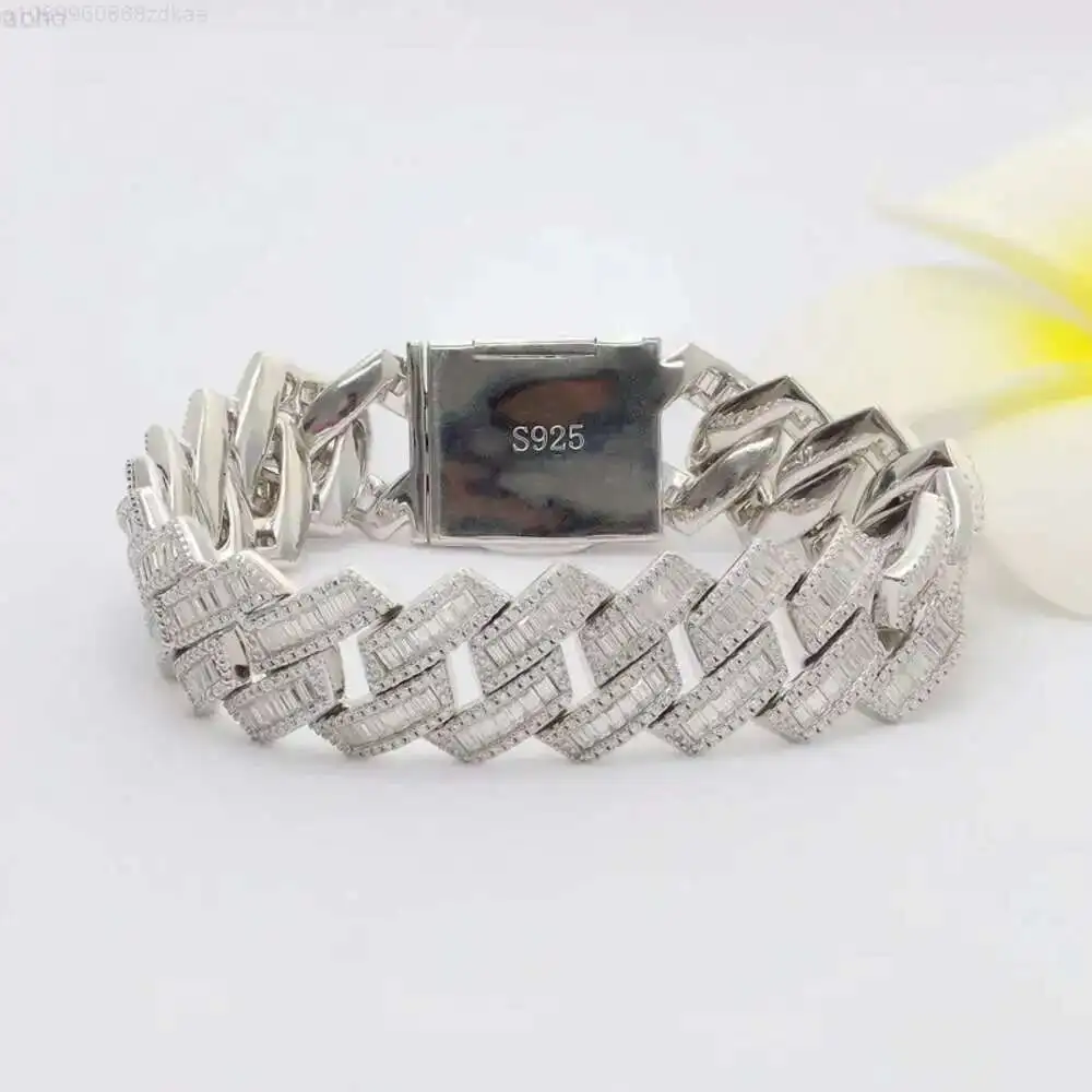

Paston Jewelry 18mm Fully Vvs Baguette Moissanite Diamond Silver Men Cuban Bracelet Iced Out Miami Cuban Link Chain