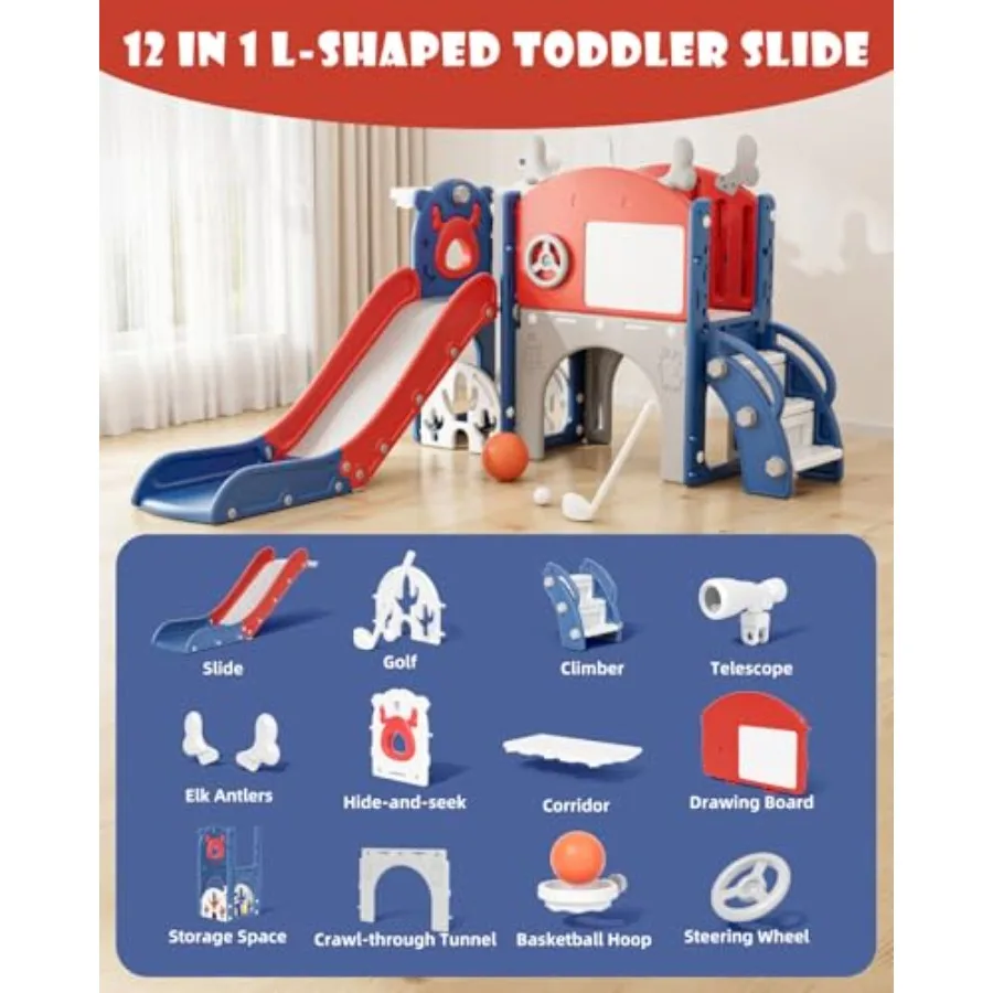 สไลเดอร์ 12 in 1 สำหรับเด็กเล็ก ชุดของเล่นในร่มและกลางแจ้ง พร้อมกระดานวาดภาพ สนามกอล์ฟ ที่ปีนป่าย ห่วงบาสเก็ตบอล และพื้นที่เก็บของ สีน้ำเงินแดง