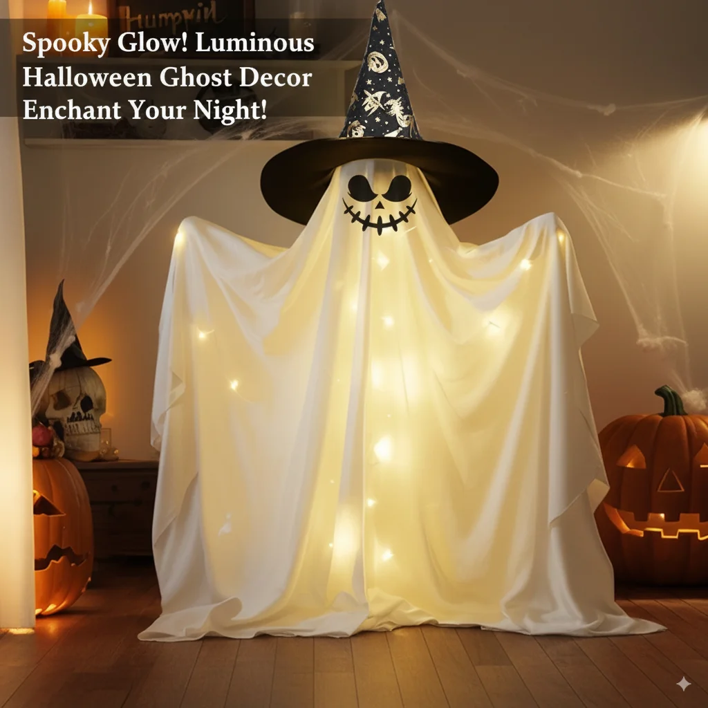 

85-165cm Halloween Luminous Ghost Column Decoration LED Standing Ghost With Hat For Front Porch Courtyard Yard Haunted House