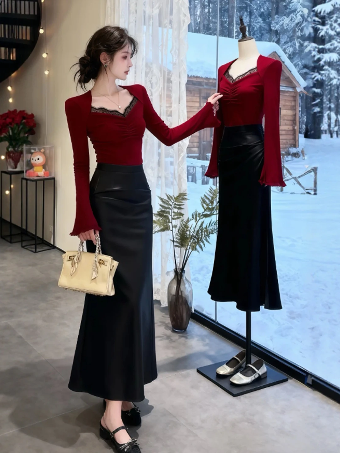 

Unique Red Slim Fit Long Sve T-irt Ele Sle Women's Top Faionable Winter Outfit Casual Versatile for Various Occa...