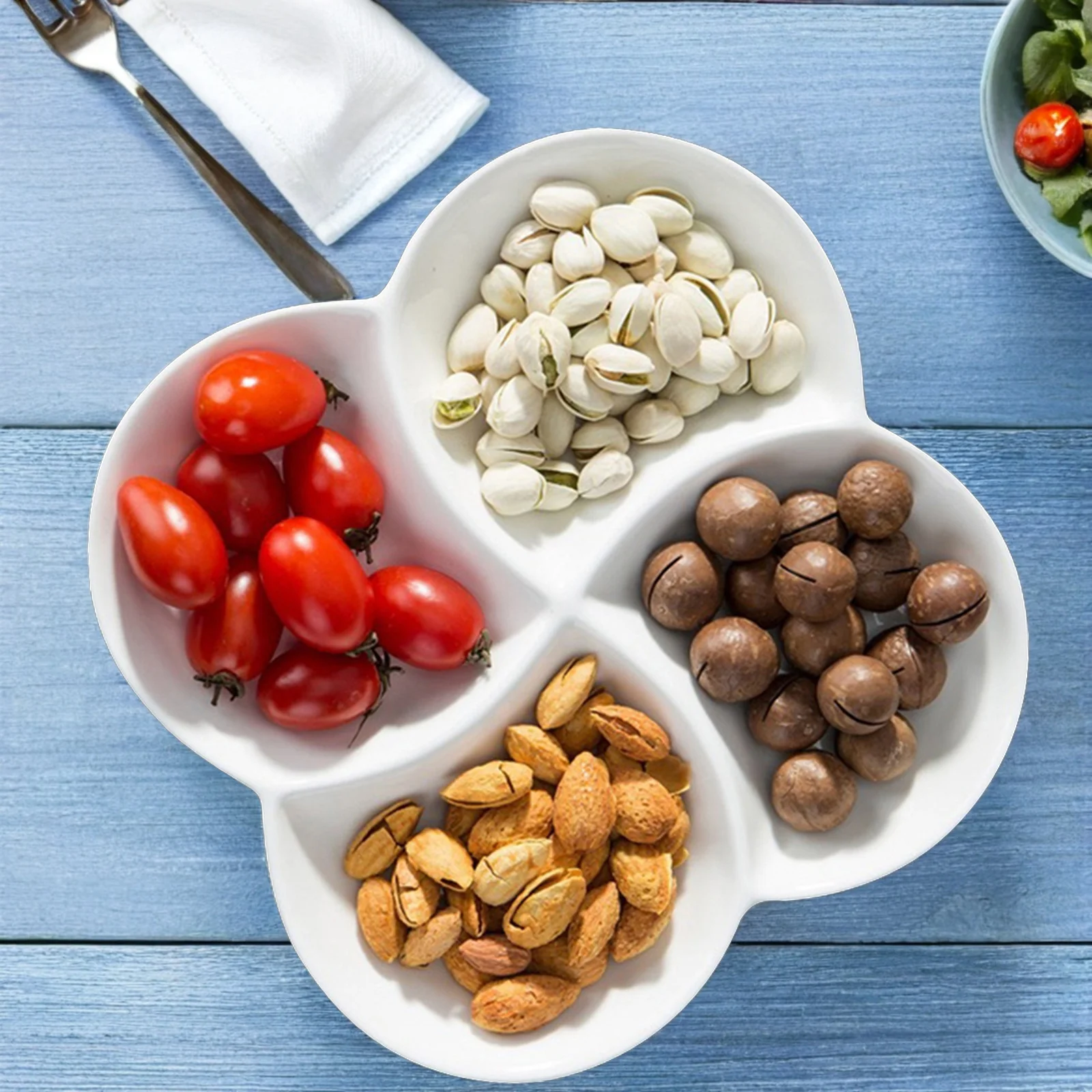 

Creative Compartment Design Snack Serving Tray Food Storage Dish For Candies Nuts Fruits Dried Snacks White Melamine Household