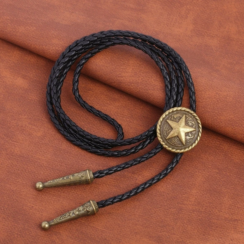 Collar de cuerda de cuero de imitación de estrella de Metal occidental de vaquero Vintage, corbata Bolo americana