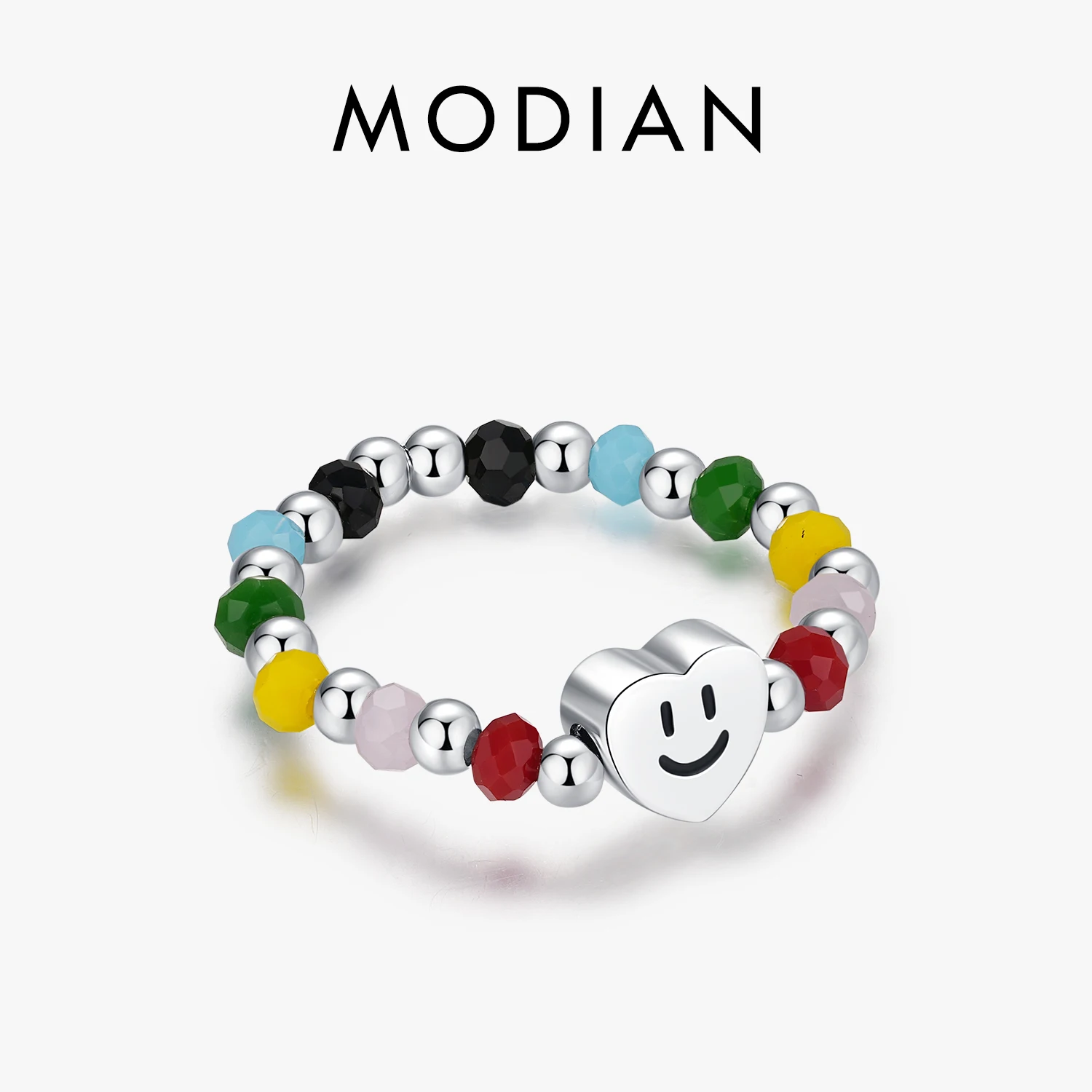 

MODIAN 925 Sterling Silver Rainbow Colorful Hearts Smile Romantic Ring Crystal Beads Adjustable Rings For Women Party Jewelry