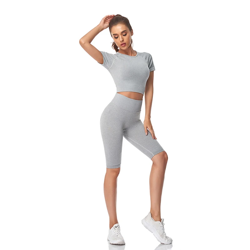 WAREBALL Seamless Yoga Set Women 2pcs Crop Top T-shirt High Waist Shorts Gym Clothes Sport Suit Workout Outfit Sport Wear