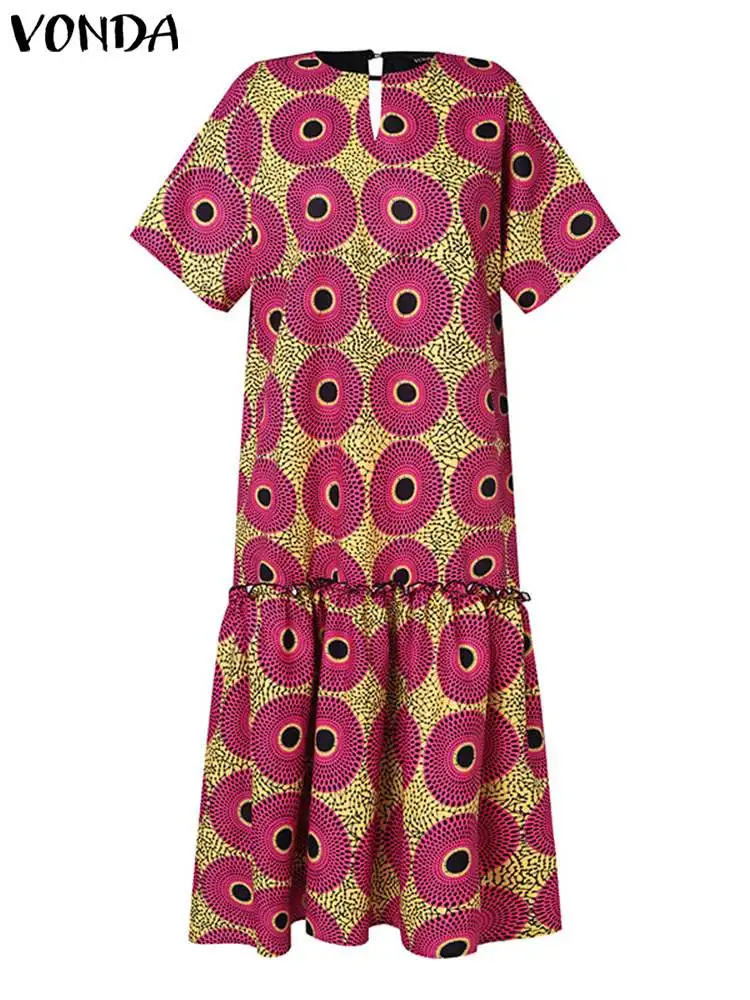 Plus Size 5XL VONDA Summer Bohemian Maxi Dress Short Sleeve Vintage Printed Long Sundress Casual Loose Oversized Ruffled Vestido