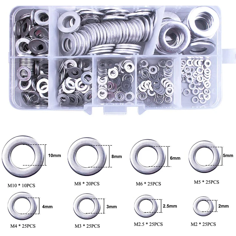 

180pcs M2 M2.5 M3 M4 M5 M6 M8 M10 Stainless Steel Flat Washer Plain Washer Flat Gasket Rings Assortment Kit for Sump Plugs