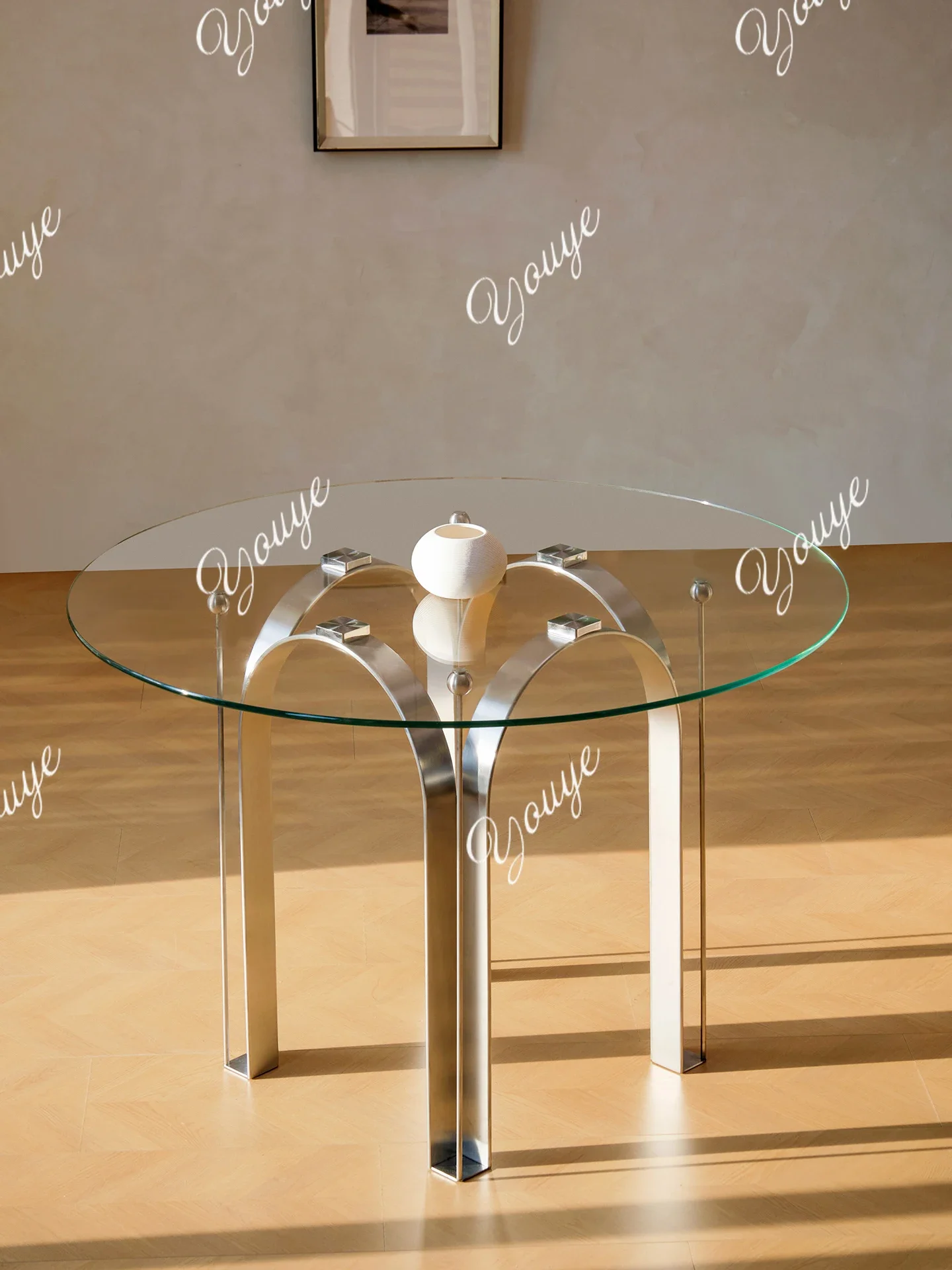 

A36 Dining table round Nordic light luxury retro desk negotiation table stainless steel lacquered glass surface