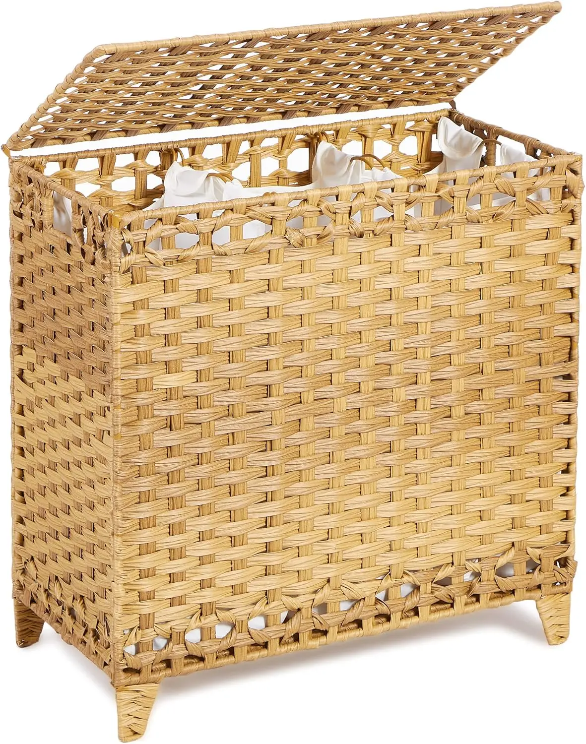 

3-Section Rattan Laundry Basket with Removable Bags, Lid & Feet - 132L Capacity for Clothes Sorting
