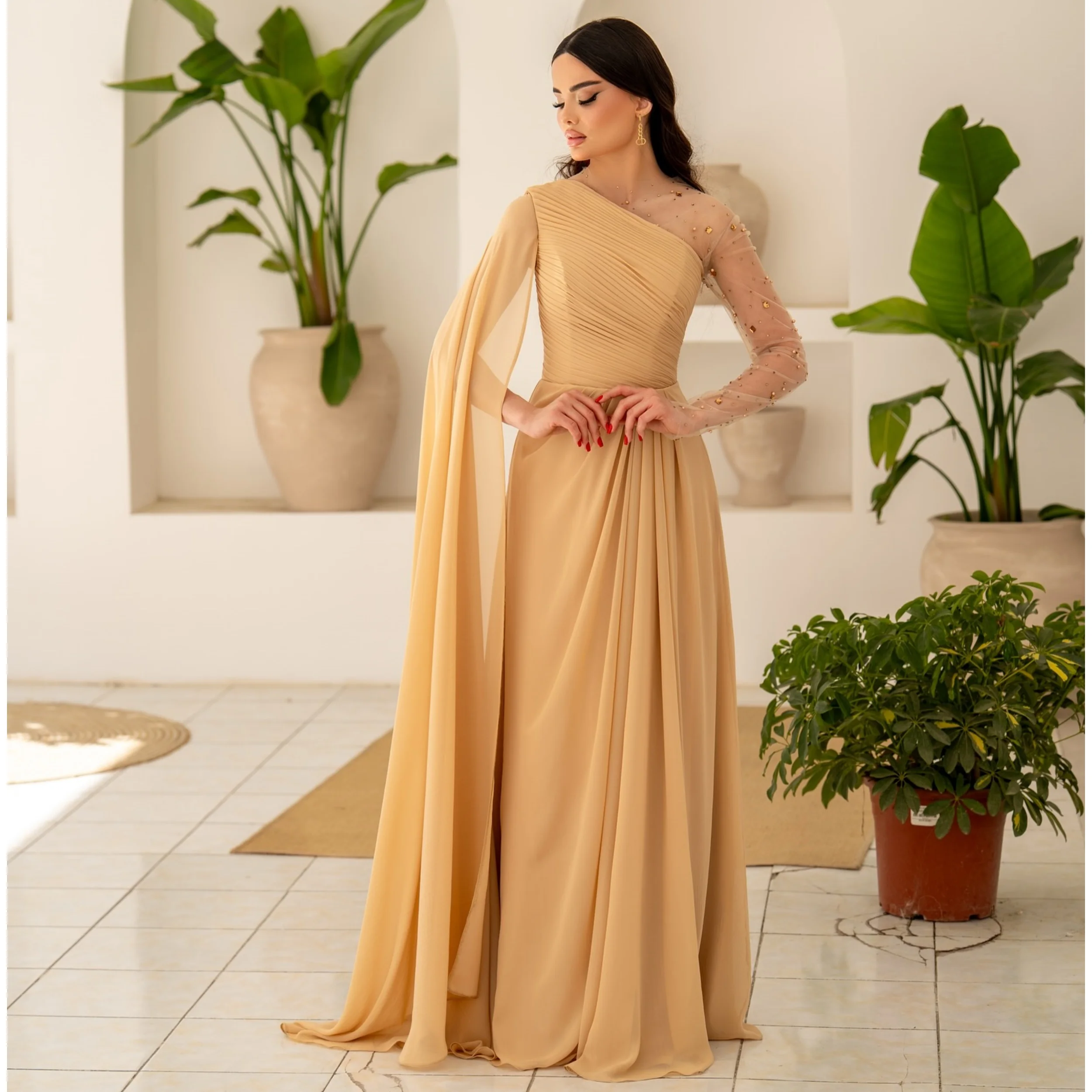 

Vintage Evening Dresses for Arabic Women A Line Pleats Beading Prom Gowns Chiffon Sequin Formal Party Gowns Customized