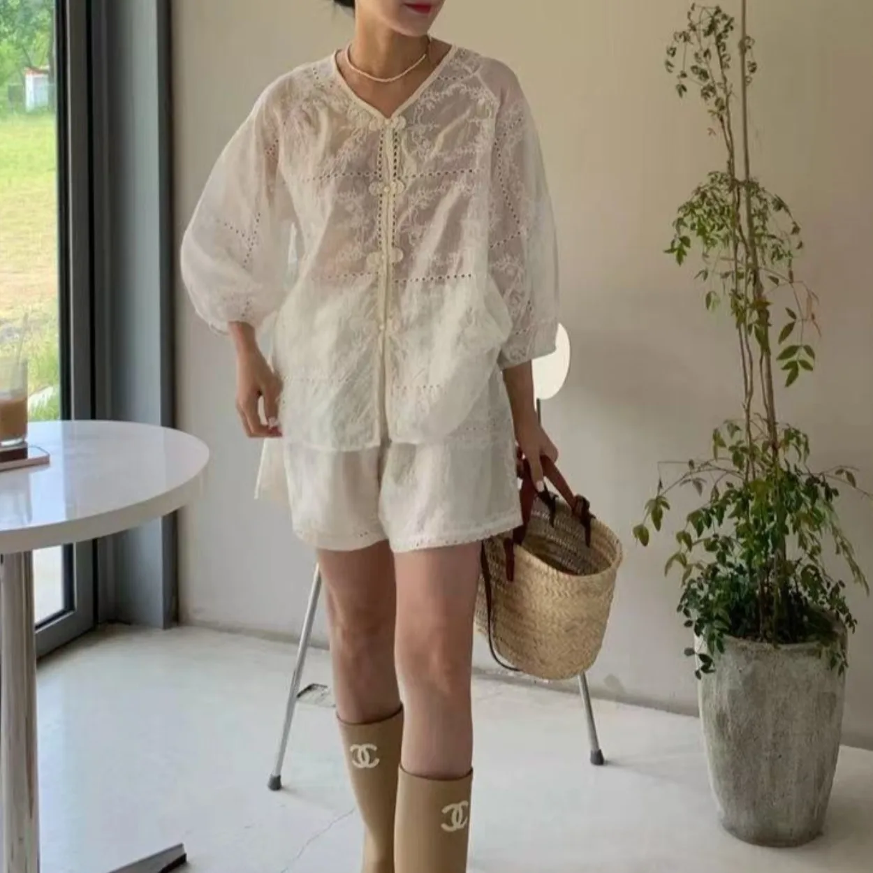 Rétro Chic été ort Sve brodé crochet creux fleur irt taille haute jambe large orts femmes Faion coréen Sle