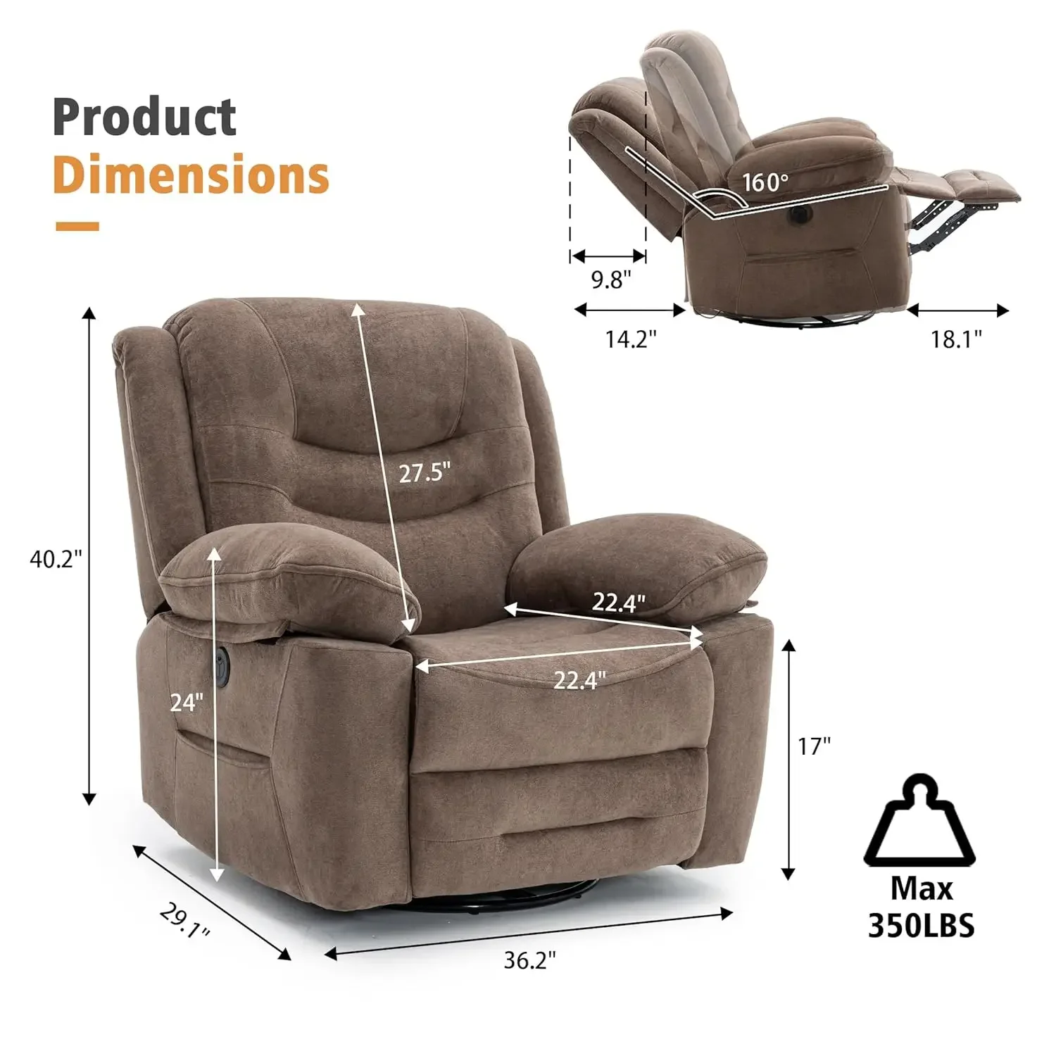 Power Swivel Rocker Recliner with Massage and Heat, USB Port, Infinite Position, Oversized Electric Glider Rocking, Customized