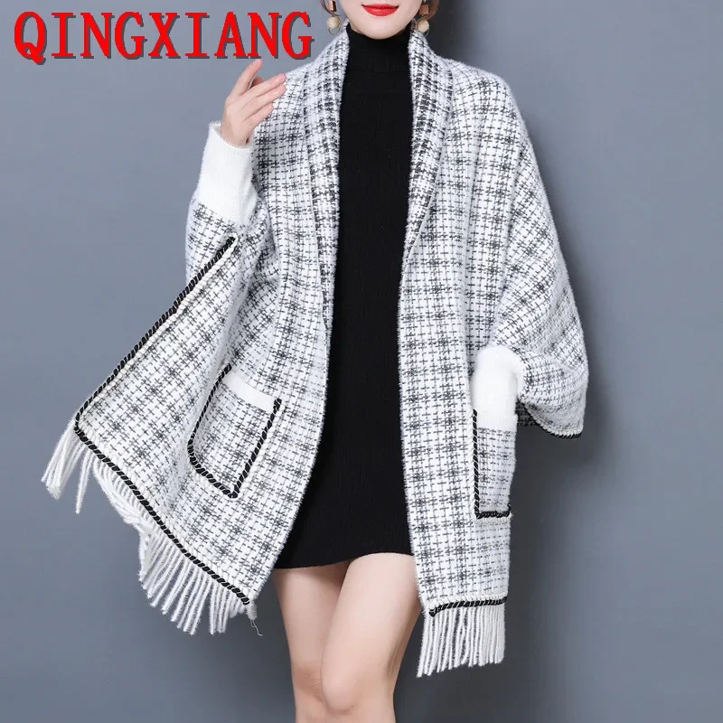 

Women Knitted Autumn Tassel Capes With Pocket Houndstooth Striped Poncho Faux Mink Velvet Loose Shawl Outstreet Wear Coat